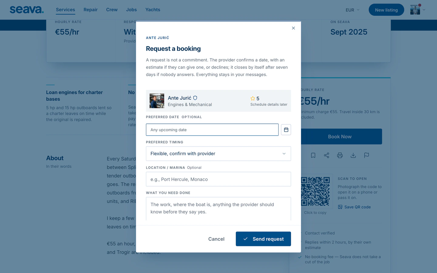 The Request a booking form on a service: preferred date and timing, marina and the work needed