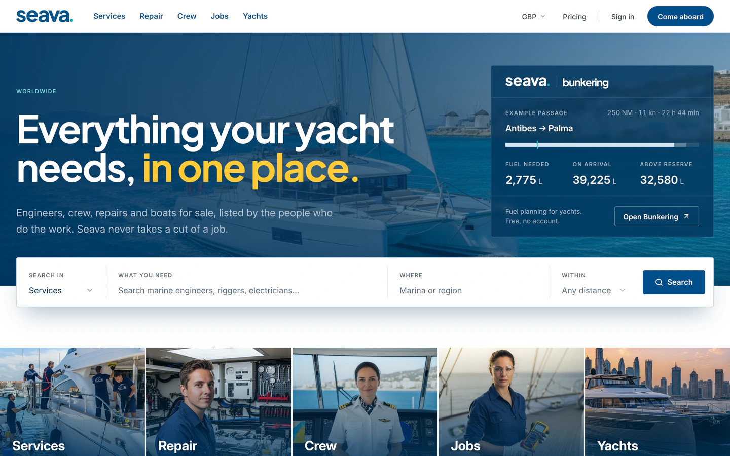 Seava homepage: one search across services, repair, crew, jobs and yachts, with the Bunkering panel