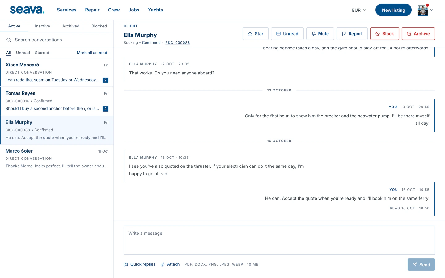 Messages: conversations tied to bookings, with star, mute, report, block and attachments