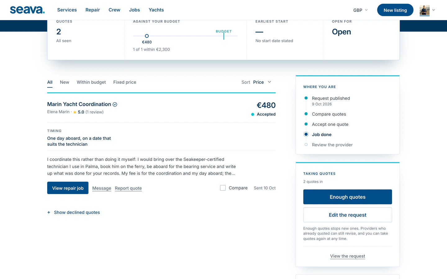 The owner's view of quotes on a repair request, set against the budget, with an accepted quote and the request's progress