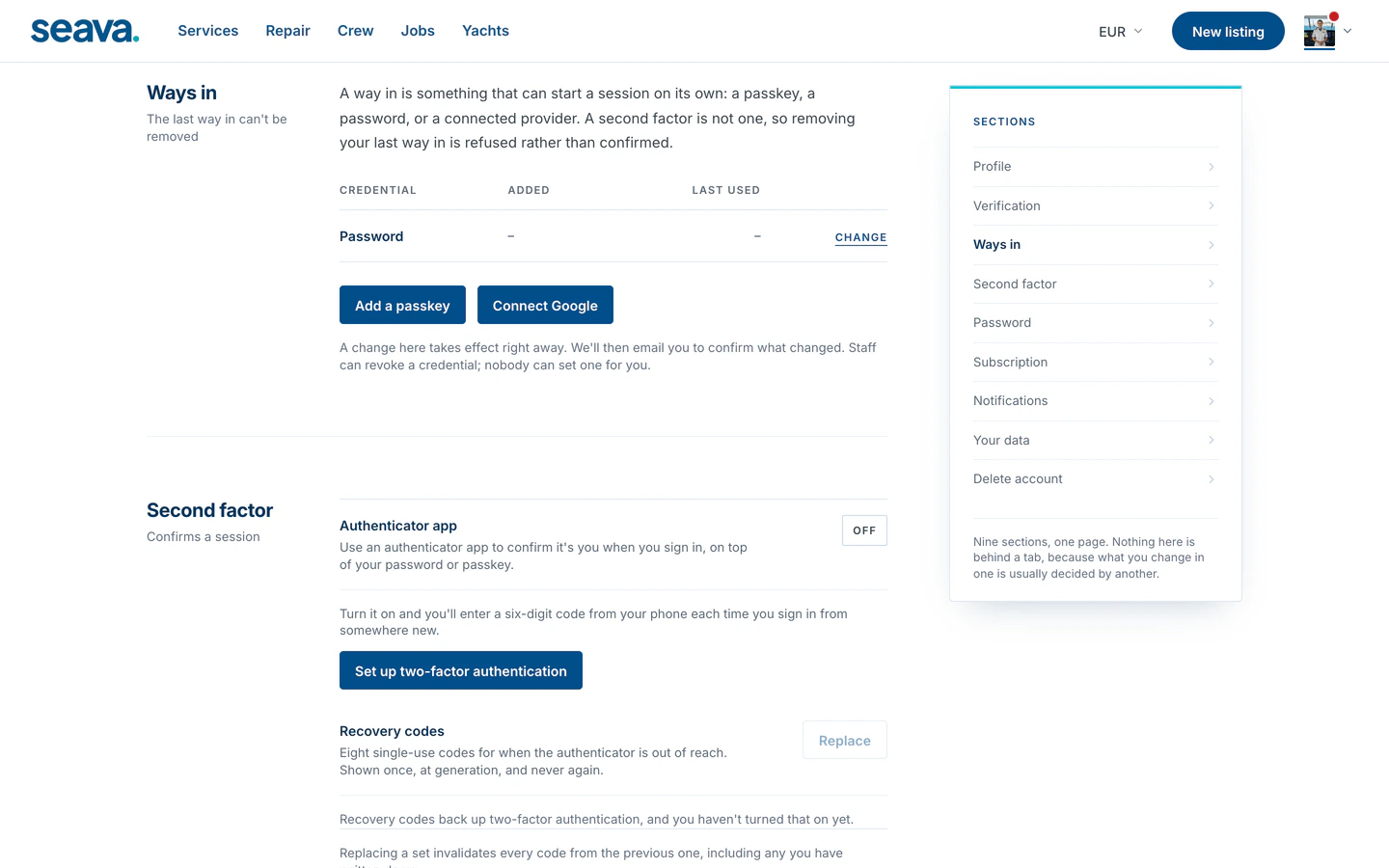 Account settings: ways in (password, passkey, Google) and second factor (authenticator app, recovery codes)