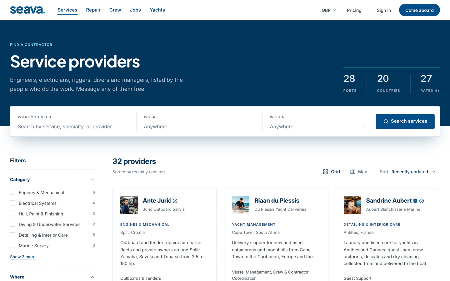 Service providers grid with filters by category, distance and response time