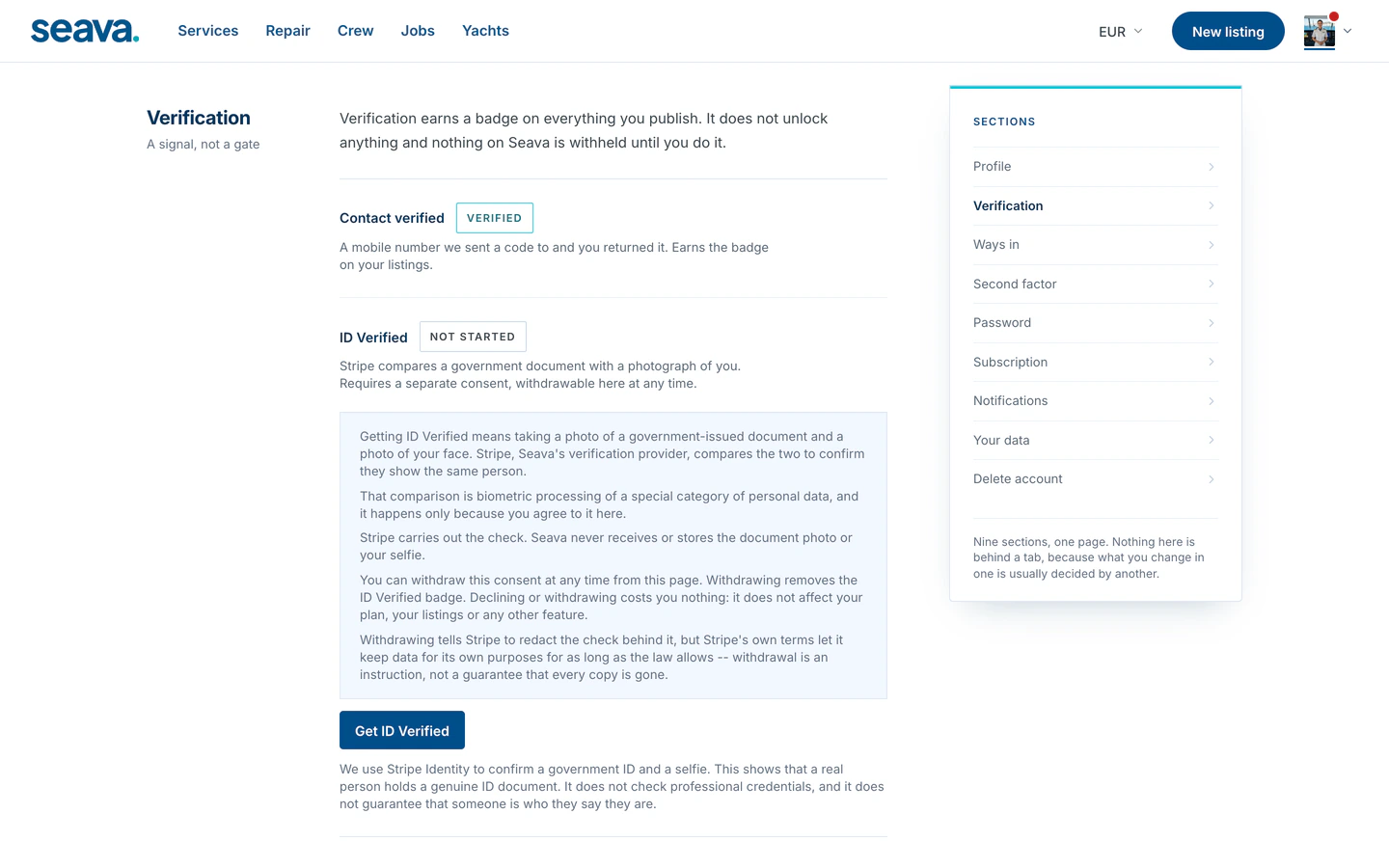 Account settings: Contact verified and ID Verified, with the separate consent for the Stripe Identity check