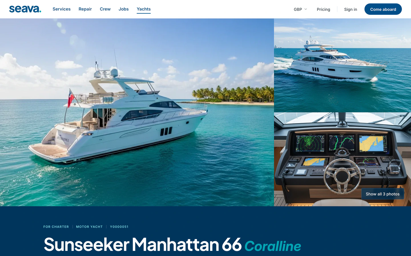 A yacht listing with gallery and specification ledger